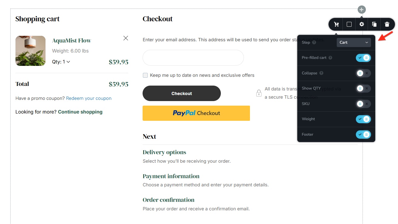 Brizy Shop select the Cart option.jpg