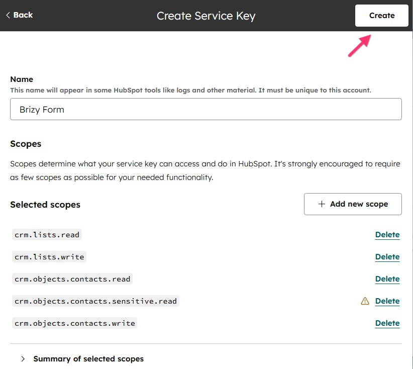 HubSpot Create Serivce Key.png