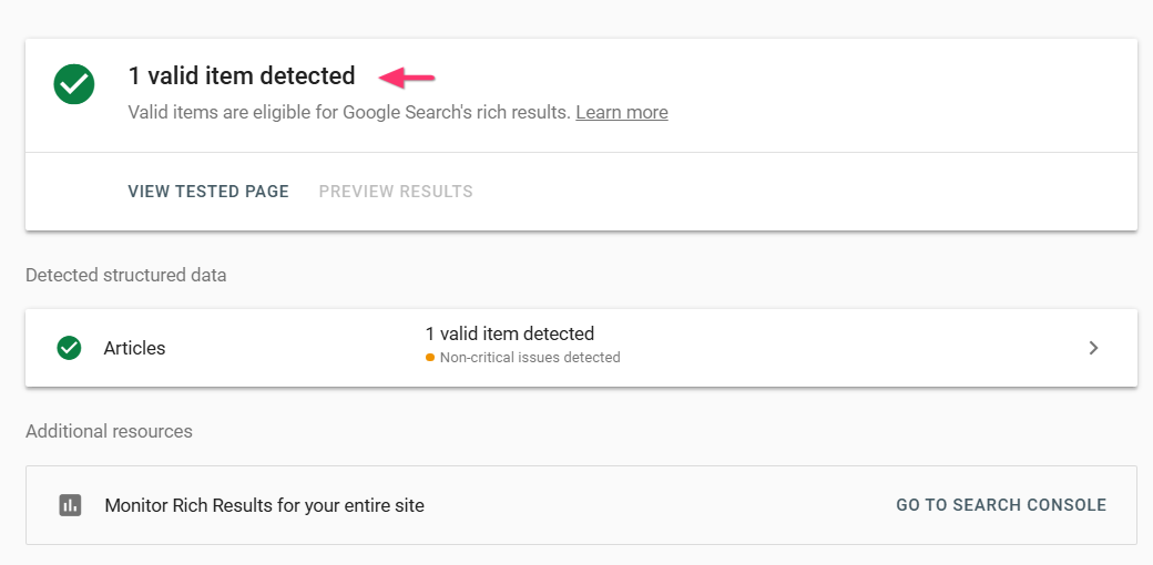 Structured Data 1 valid item detected.png
